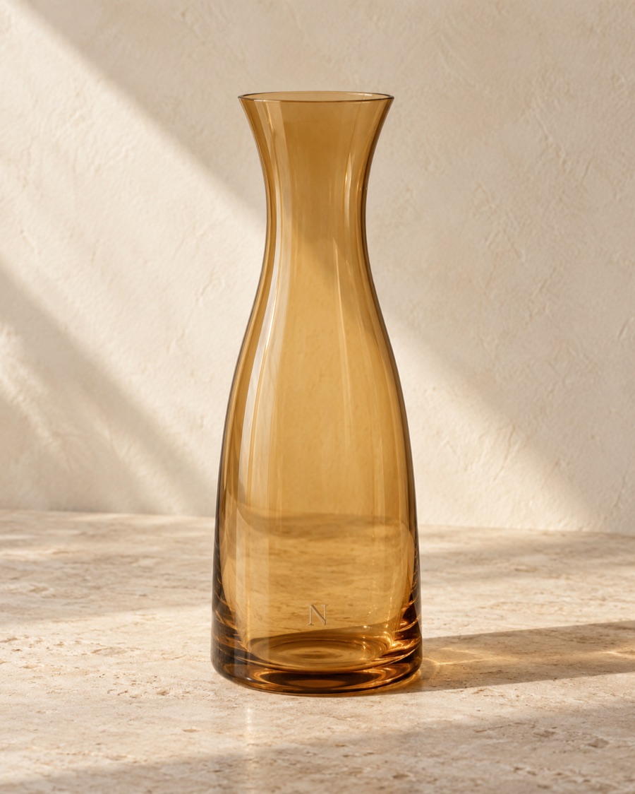 NOSTOS concept carafe in amber, photographed on warm limestone.