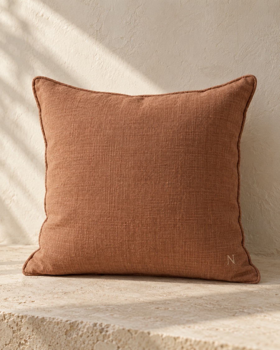 NOSTOS concept cushion in terracotta, photographed on warm limestone.
