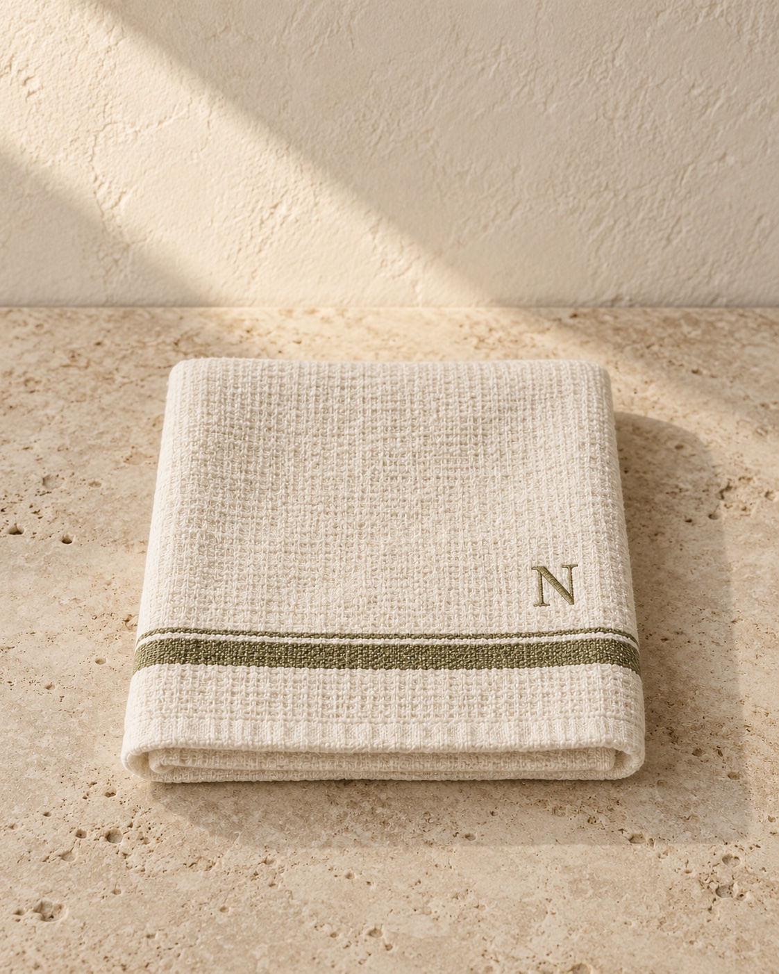 NOSTOS concept ivory linen towel with an olive stripe and embroidered N monogram.