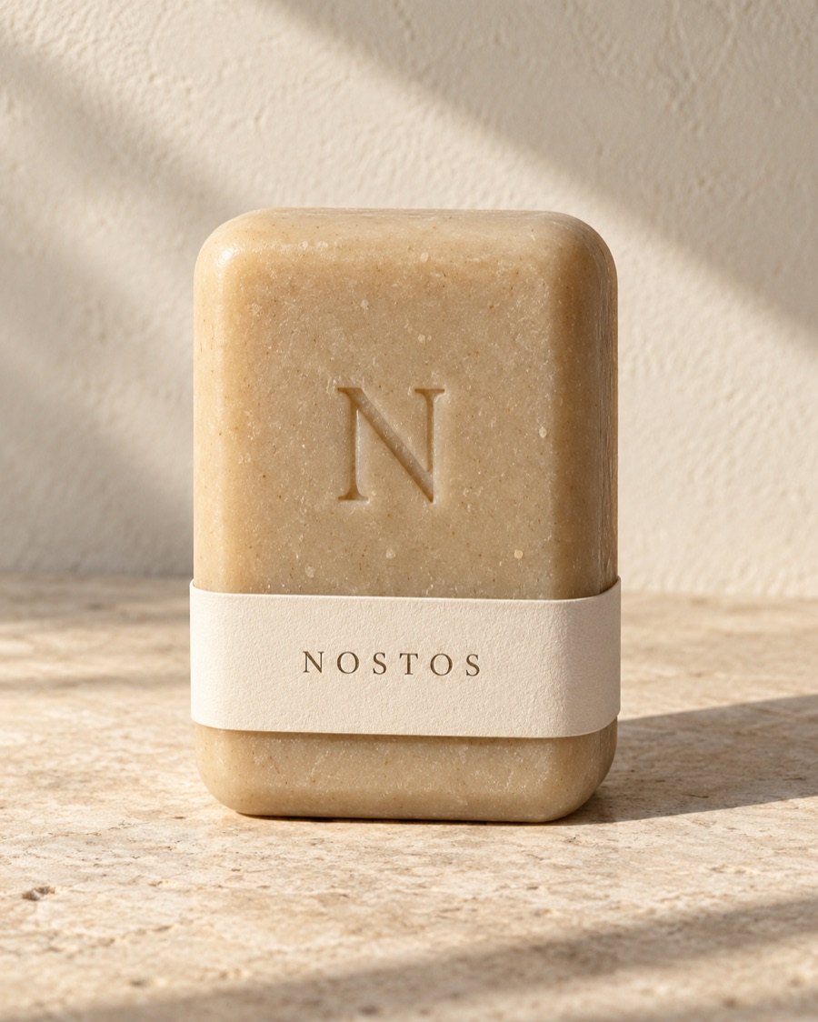 NOSTOS concept bath bar in sand, photographed on warm limestone.